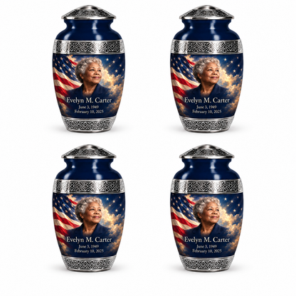 Personalized American flag Premium Classic urn, 4 Keepsake 3 inch Urns; sample portrait and memorial text