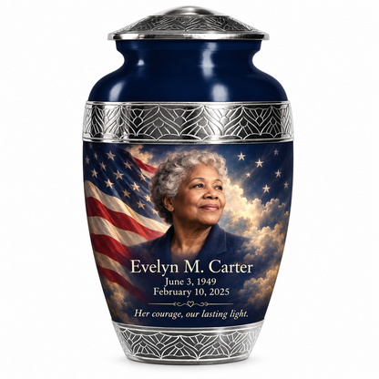 Personalized American flag Premium Classic urn, 10 inch large Urn; sample portrait and memorial text