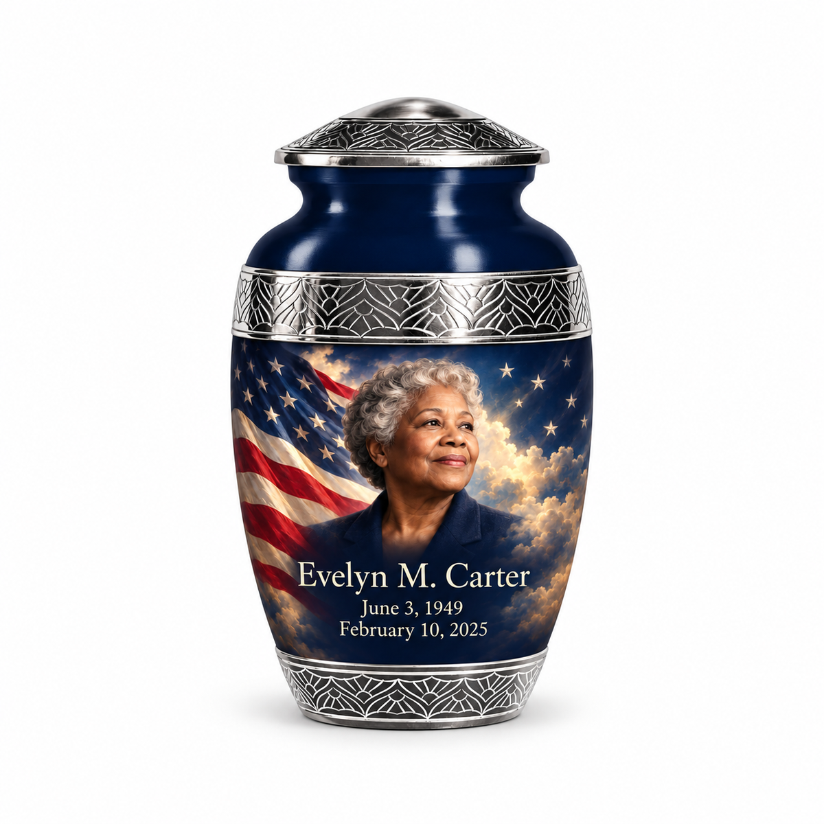 Personalized American flag Premium Classic urn, 1 Keepsake 3 inch Urn; sample portrait and memorial text