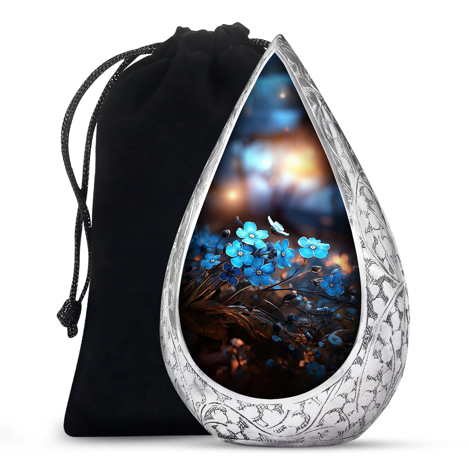 Blue Flower Large Cremation Urn - Memorial Urn For Adult Ashes