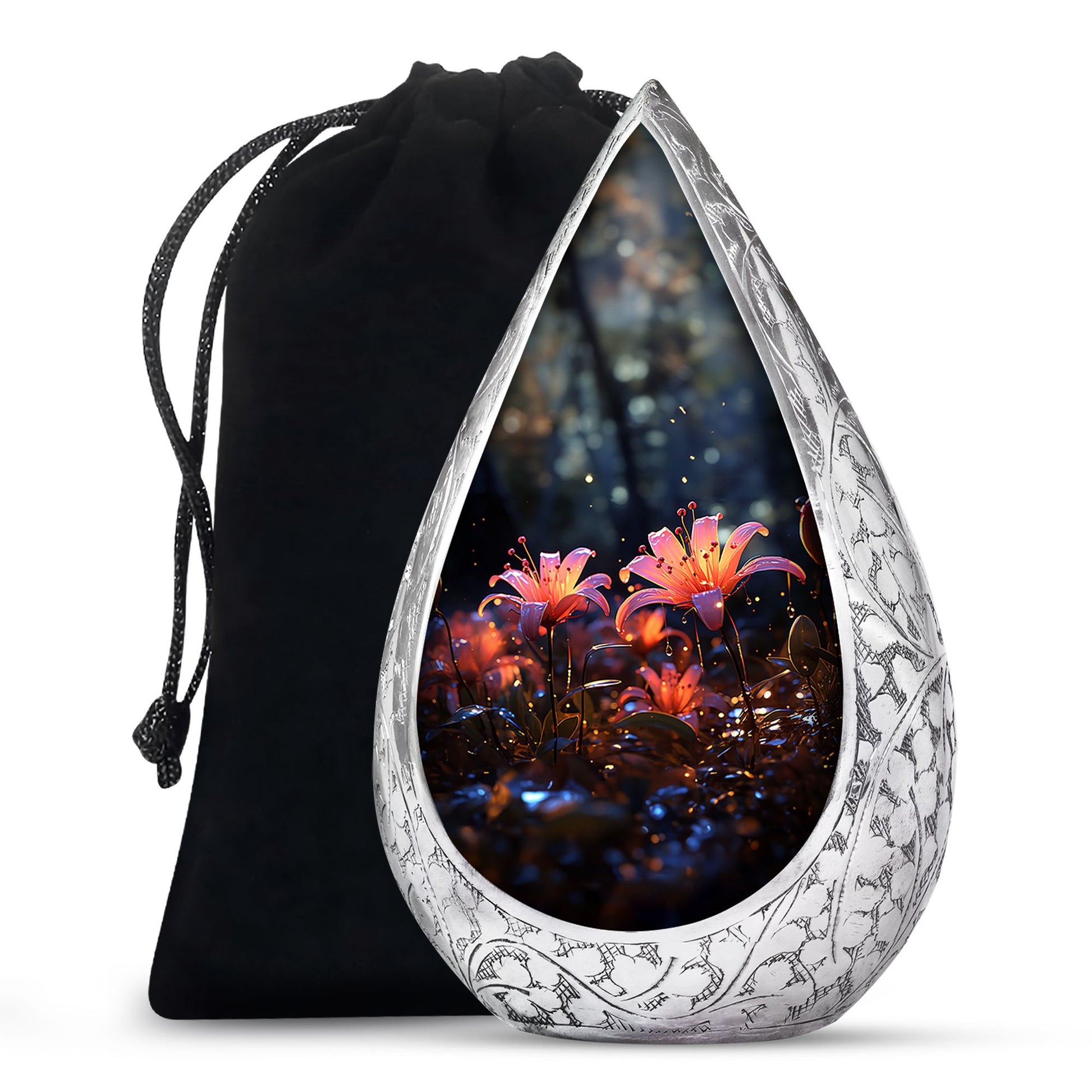 White Lily Cremation Aluminum Urn - Large Funeral Urn For Ashes