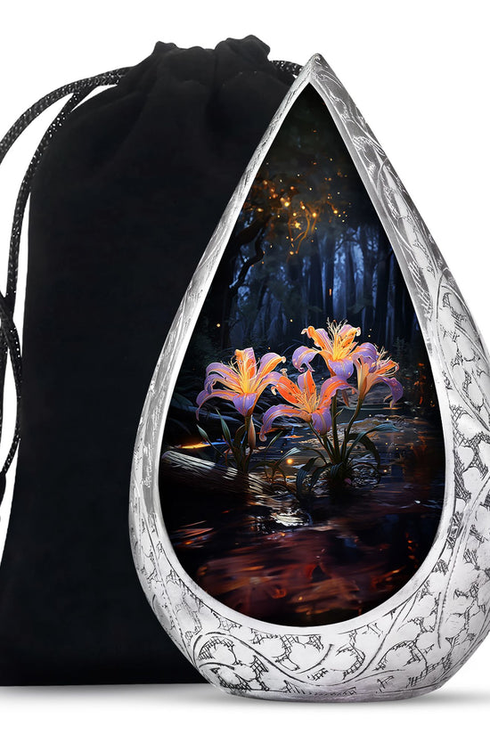 Beautiful Lily Theme Funeral Urn - Aluminum Memorial Urn For Adult Ashes
