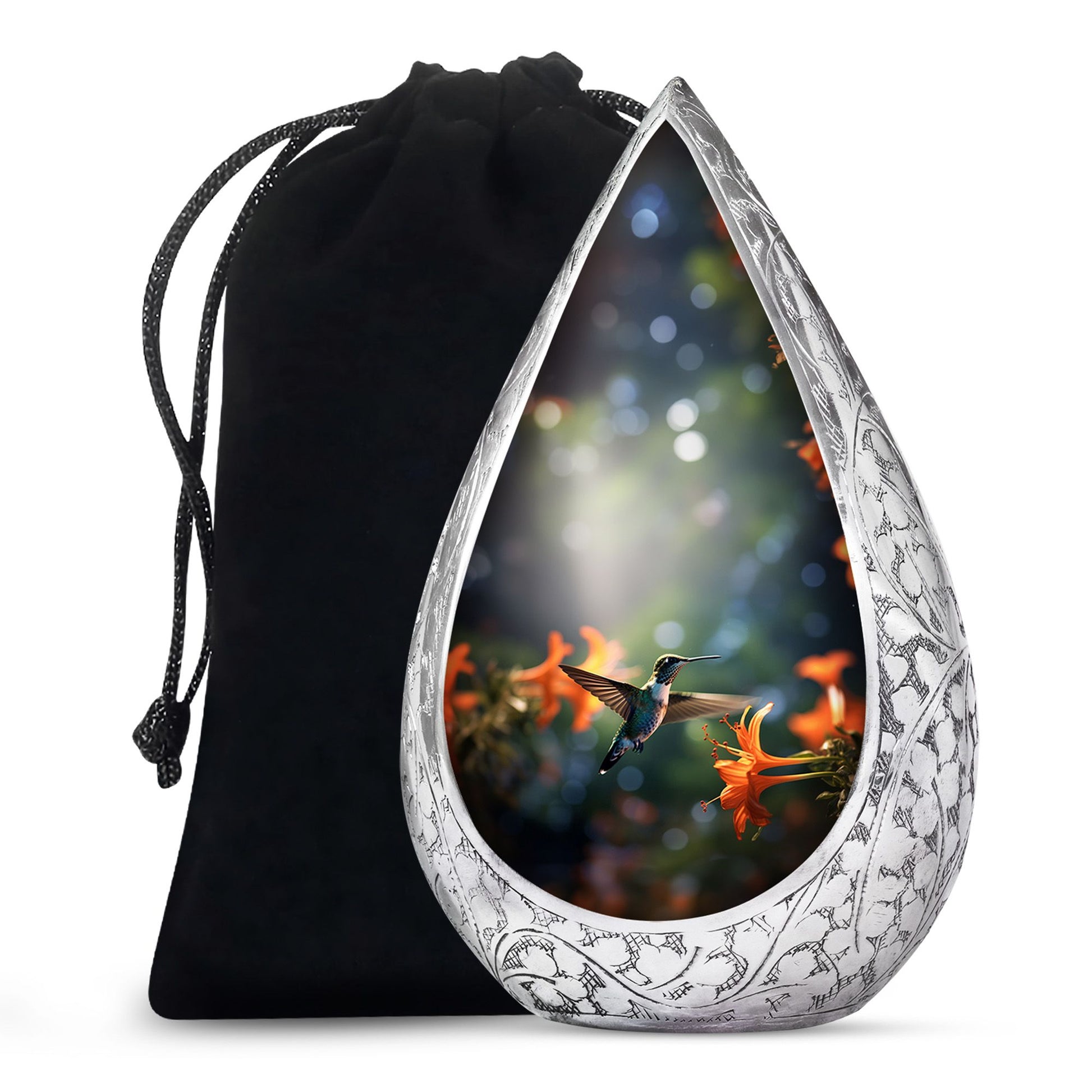 Floral Hummingbird Memorial Urn - Aluminium Cremation Urn For Adult Ashes
