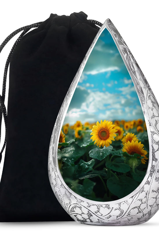 Sunflower Garden Funeral Urn - Blue Aluminum Urn For Adult Ashes