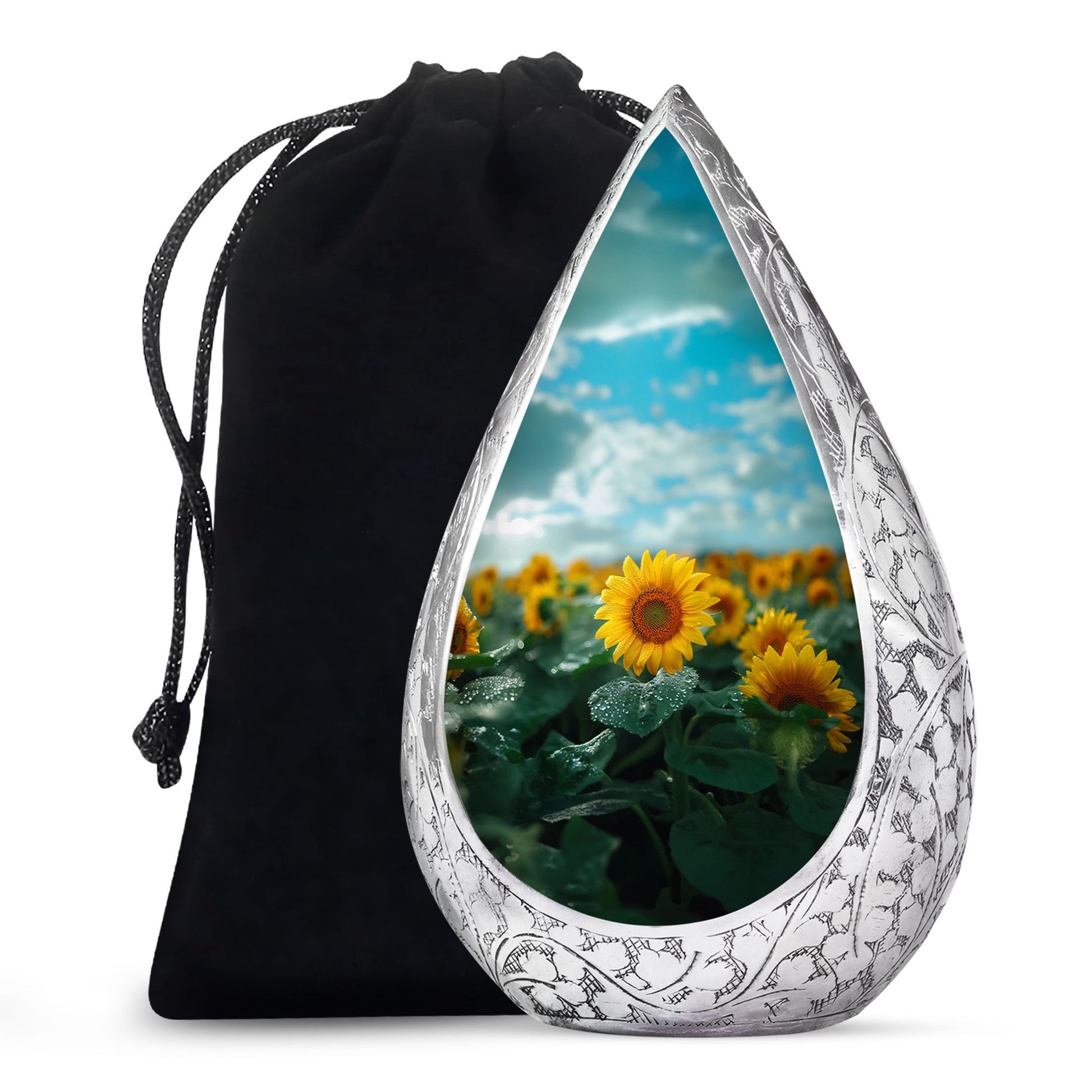 Sunflower Garden Funeral Urn - Blue Aluminum Urn For Adult Ashes