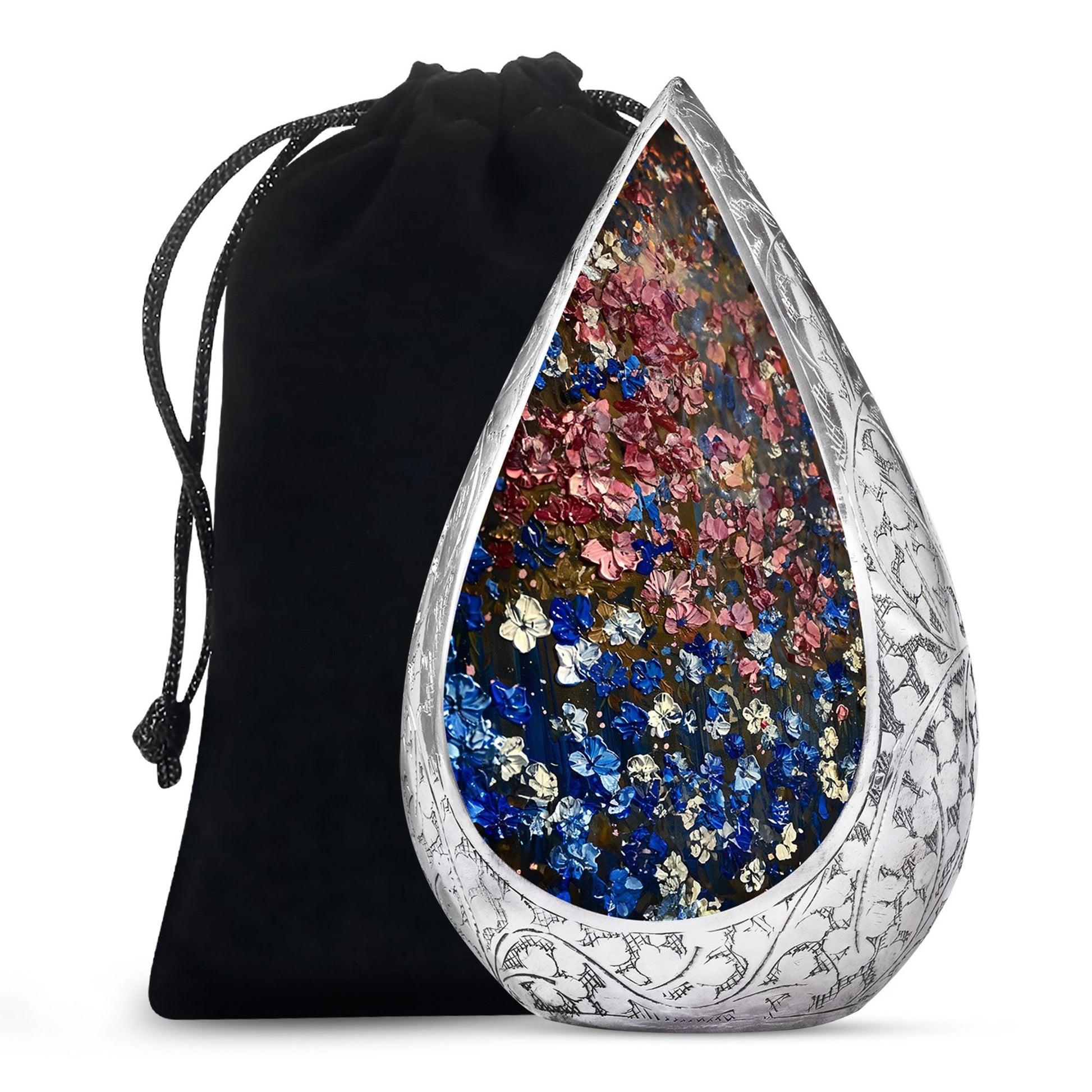 Pink & Blue Floral Funeral Urn - Artistic Memorial Urn For Human Ashes