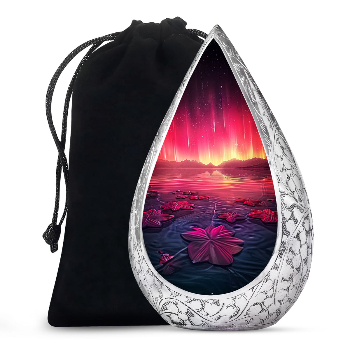 Pink Aurora Borealis Memorial Urn - Floral Lake Cremation Urn For Ashes