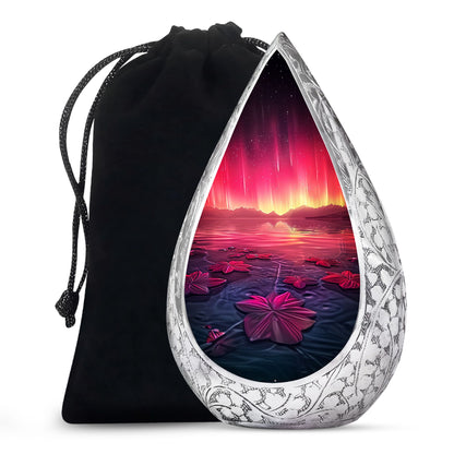 Pink Aurora Borealis Memorial Urn - Floral Lake Cremation Urn For Ashes