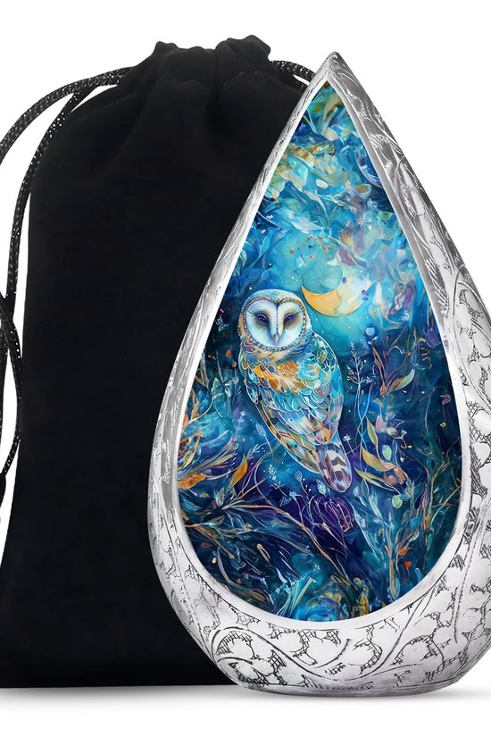 Blue Nature Memorial Owl Urn - Unique Aluminium Funeral Urn For Human Ashes