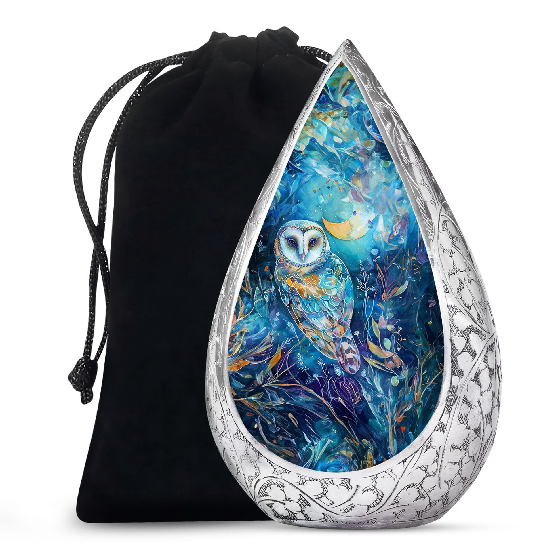 Blue Nature Memorial Owl Urn - Unique Aluminium Funeral Urn For Human Ashes