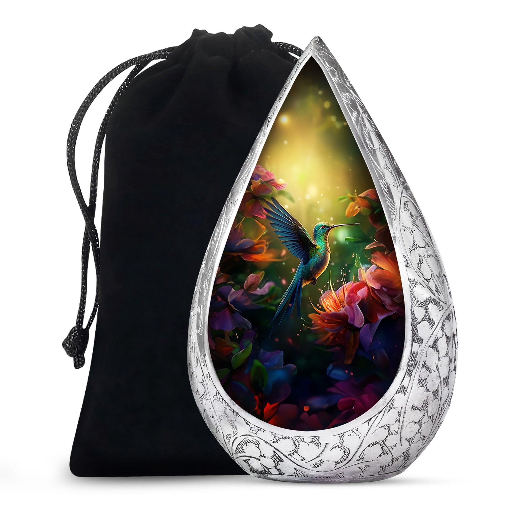 Artistic Floral Hummingbird Cremation Urn - Premium Aluminum Urn For Ashes