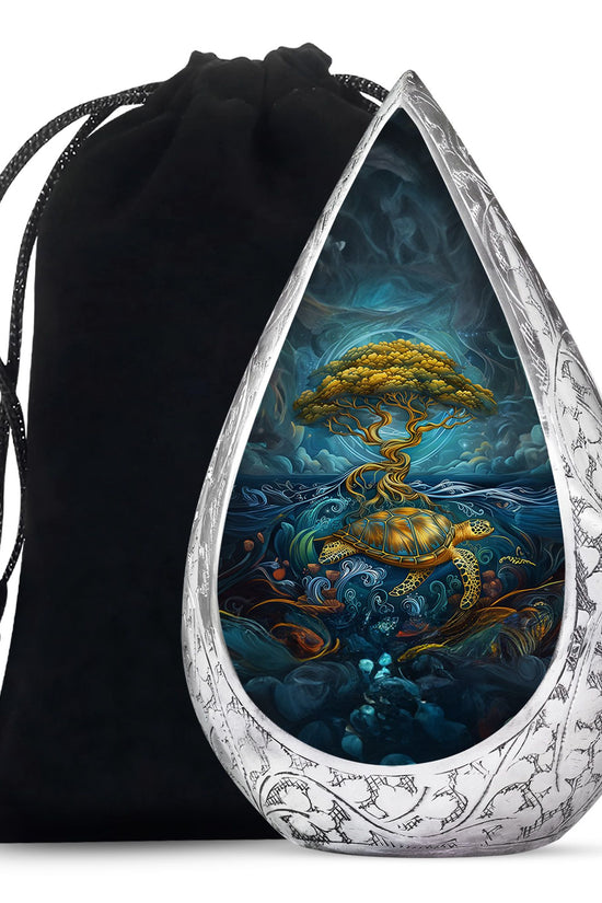 Sea Turtle Tree Cremation Urn - Blue Aluminium Memorial Urn For Loved Ones