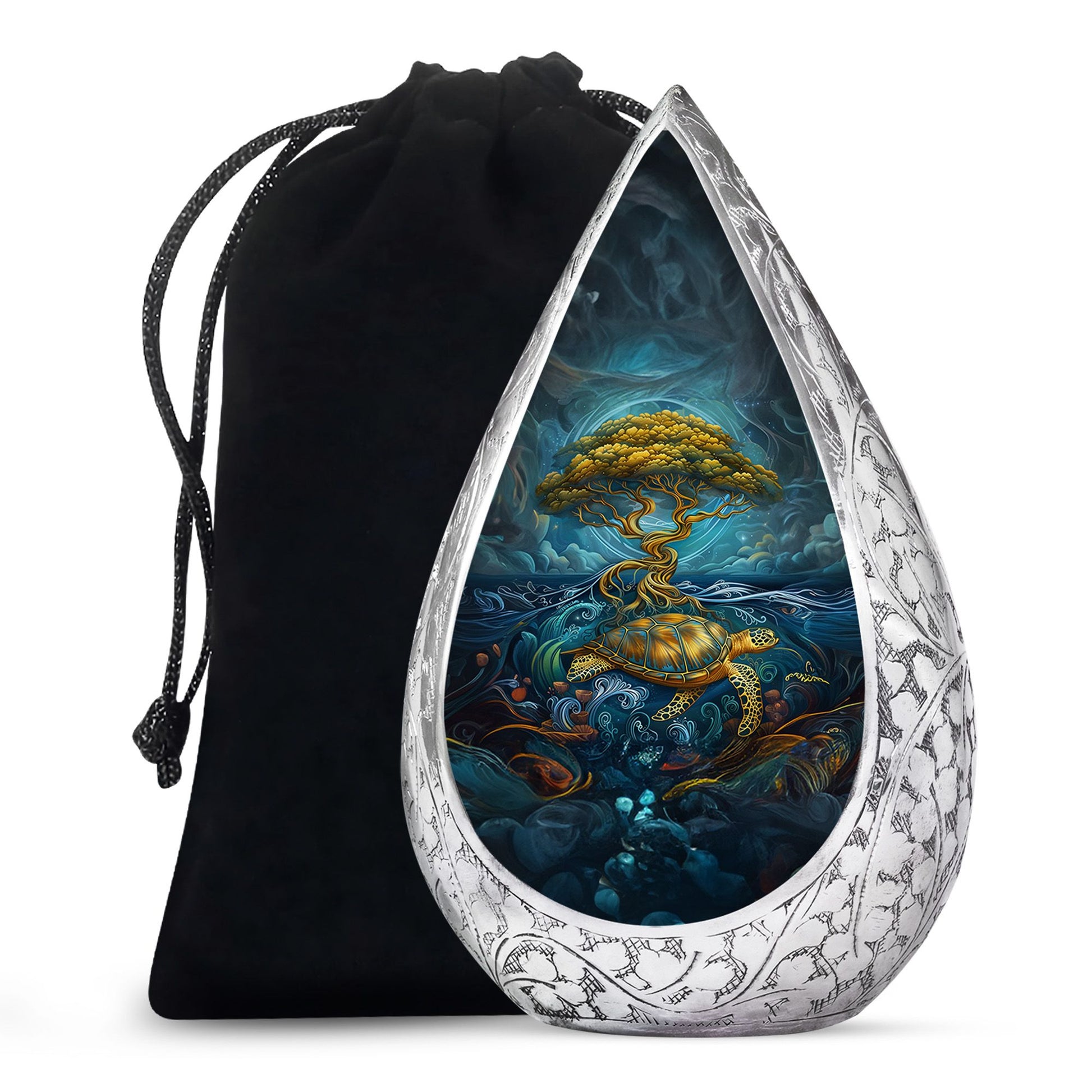 Sea Turtle Tree Cremation Urn - Blue Aluminium Memorial Urn For Loved Ones