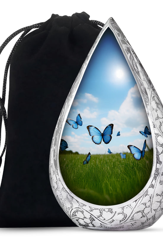 Blue Butterflies Memorial Urn - Large Decorative Urn For Human Ashes