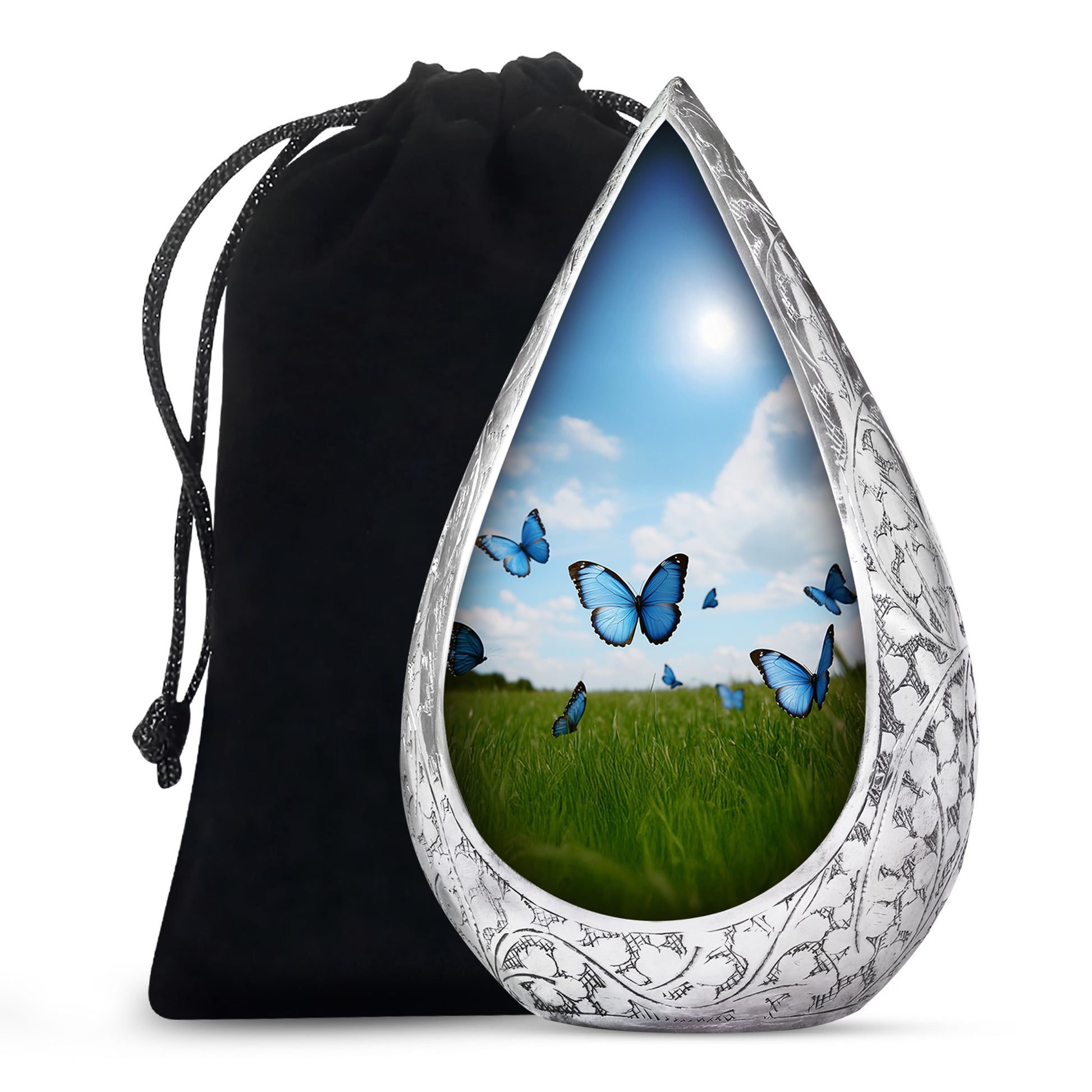 Blue Butterflies Memorial Urn - Large Decorative Urn For Human Ashes