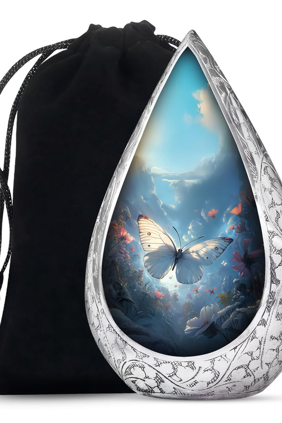 Dreamlike White Butterfly Urn For Human Ashes - Floral Memorial Urn