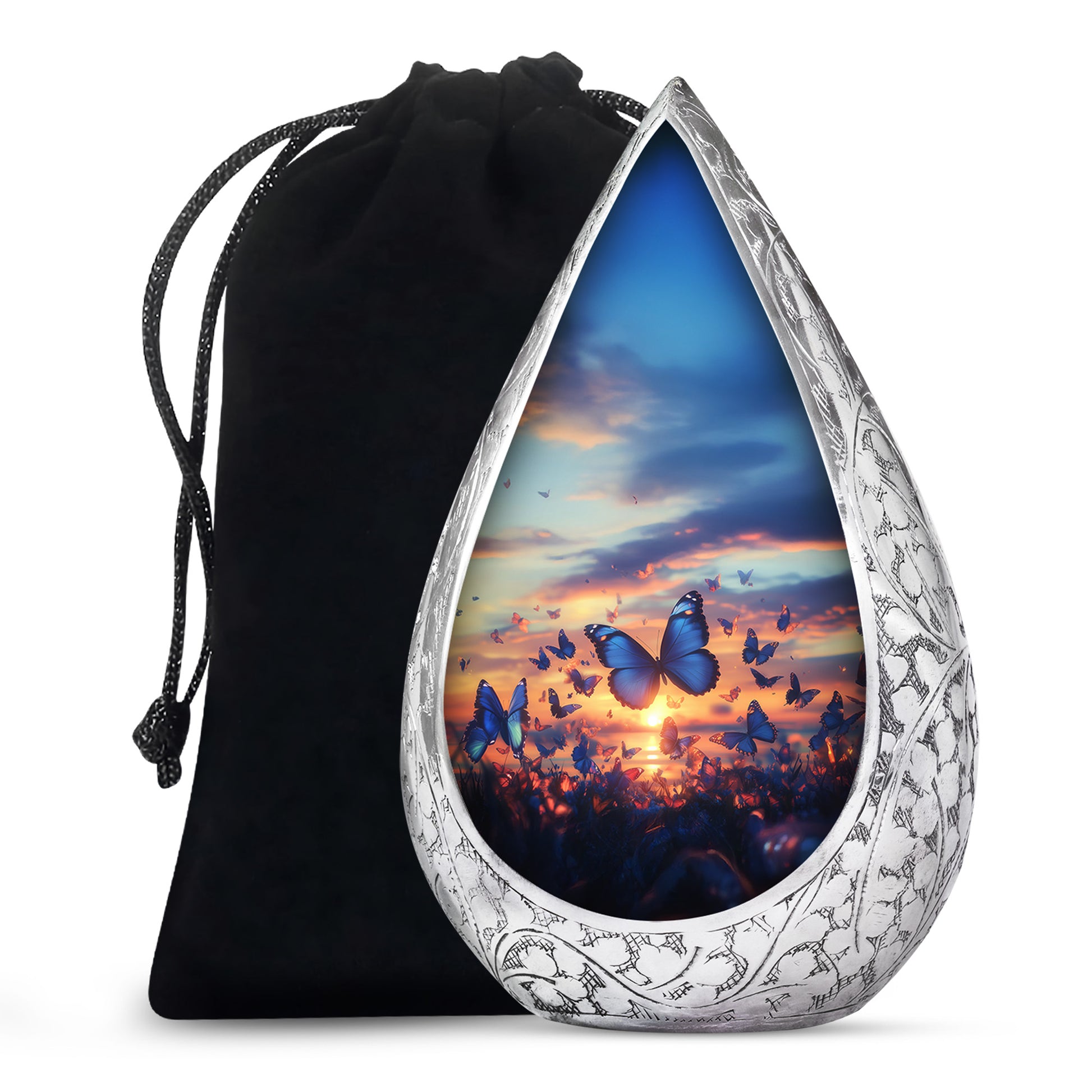 Blue Butterflies Memorial Urn - Sunset Cremation Urn For Women