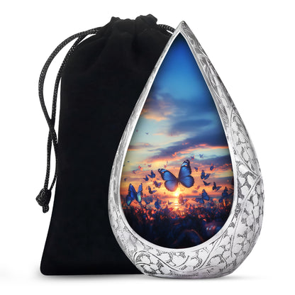 Blue Butterflies Memorial Urn - Sunset Cremation Urn For Women