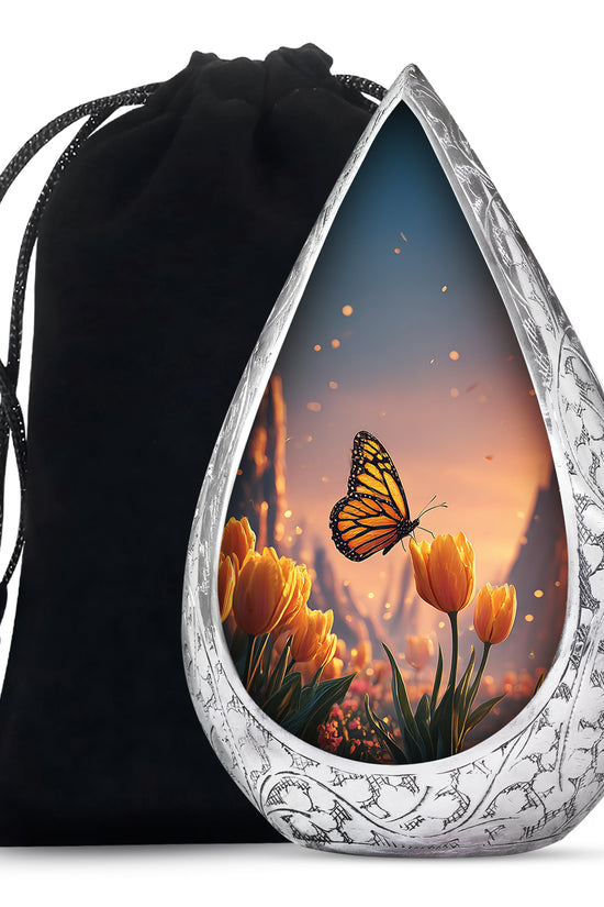 Orange Monarch Butterfly Ashes Urn - Yellow Tulip Cremation Urn