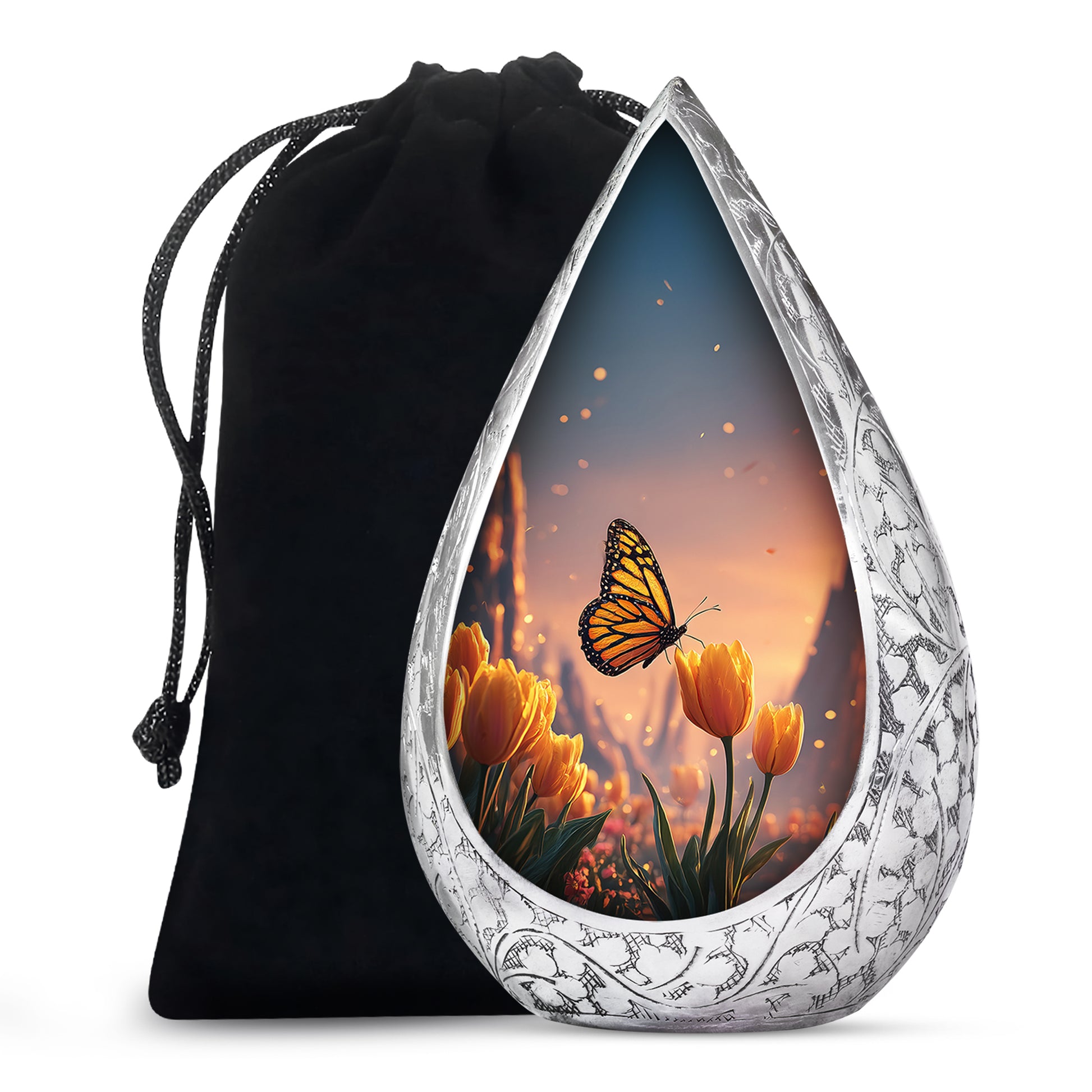 Orange Monarch Butterfly Ashes Urn - Yellow Tulip Cremation Urn