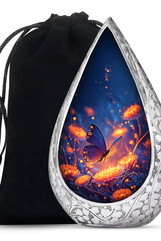 Glowing Butterfly Cremation Urn for Ashes - Blue Floral Memorial Urn