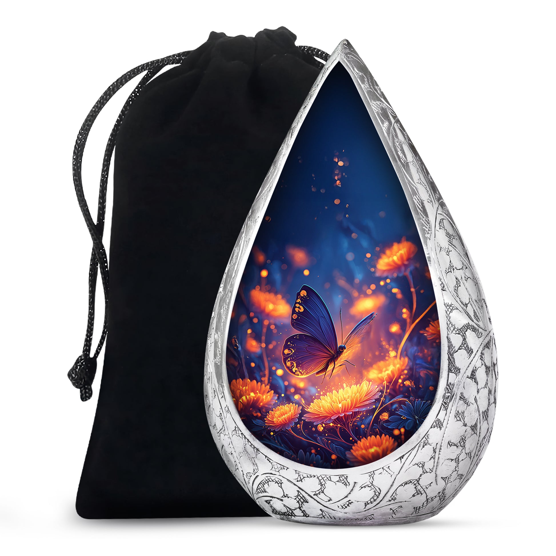 Glowing Butterfly Cremation Urn for Ashes - Blue Floral Memorial Urn