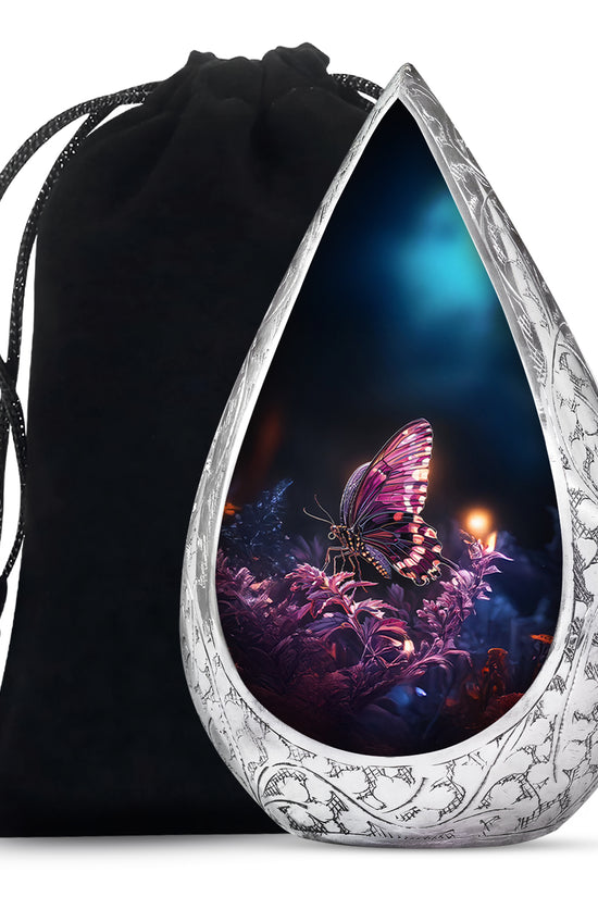 Purple Butterfly Urn with Flowers – Elegant Memorial Cremation Urn