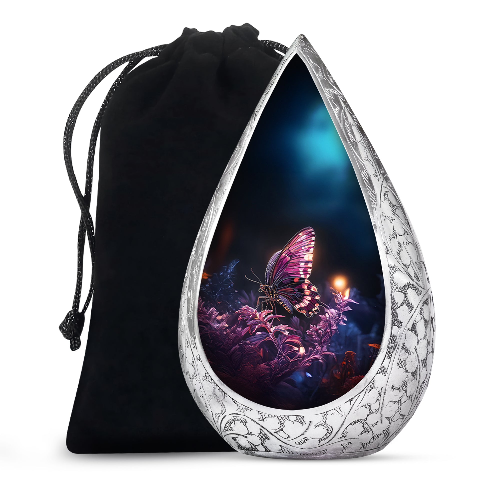 Purple Butterfly Urn with Flowers – Elegant Memorial Cremation Urn