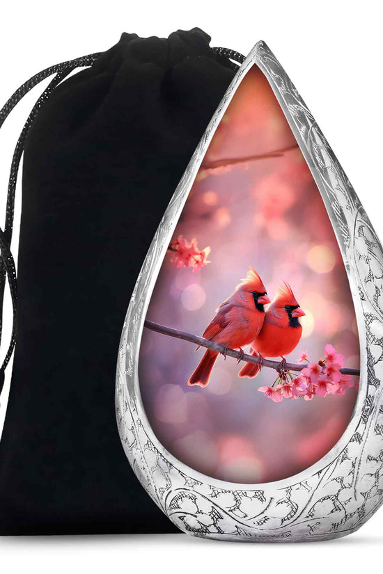 Red Cardinal Bird Pair Urn For Women - Pink Blossoms Urn For Funeral