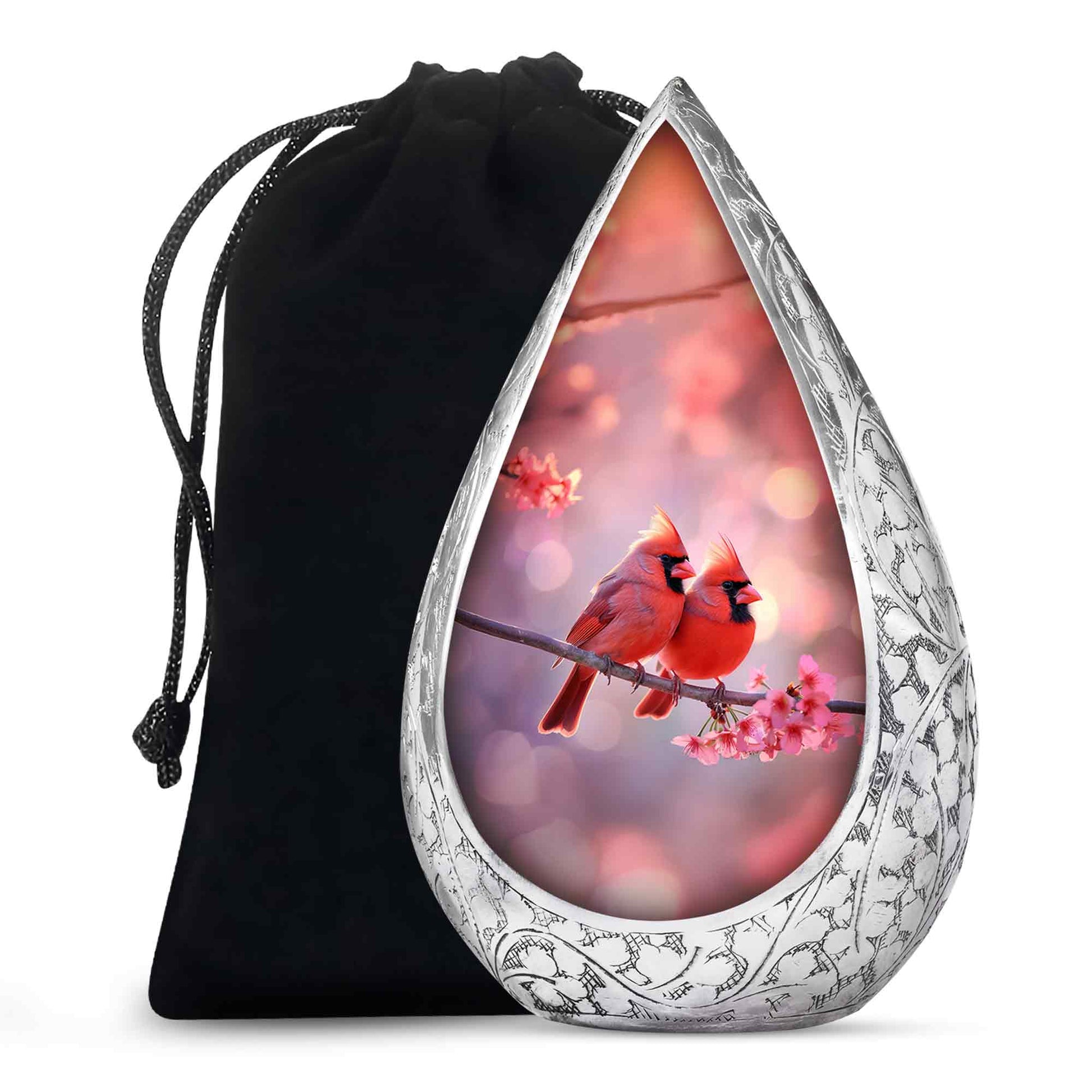 Red Cardinal Bird Pair Urn For Women - Pink Blossoms Urn For Funeral