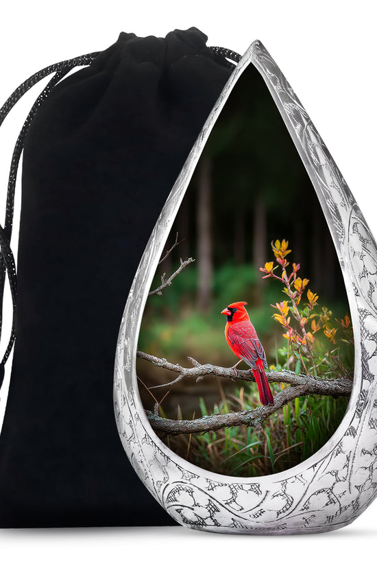 Forest Cardinal Funeral Urn - Green Aluminum Cremation Urn For Loved Ones