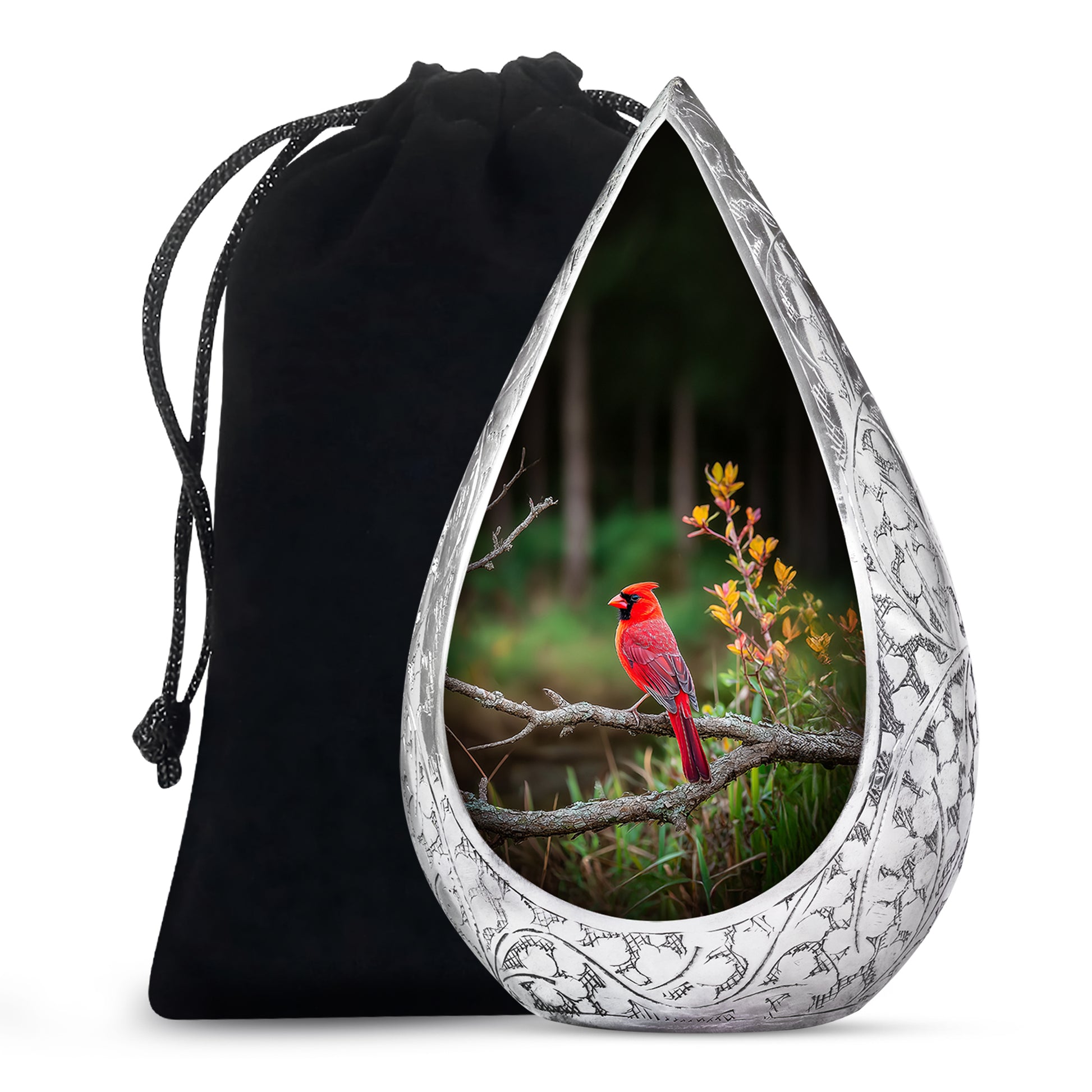 Forest Cardinal Funeral Urn - Green Aluminum Cremation Urn For Loved Ones