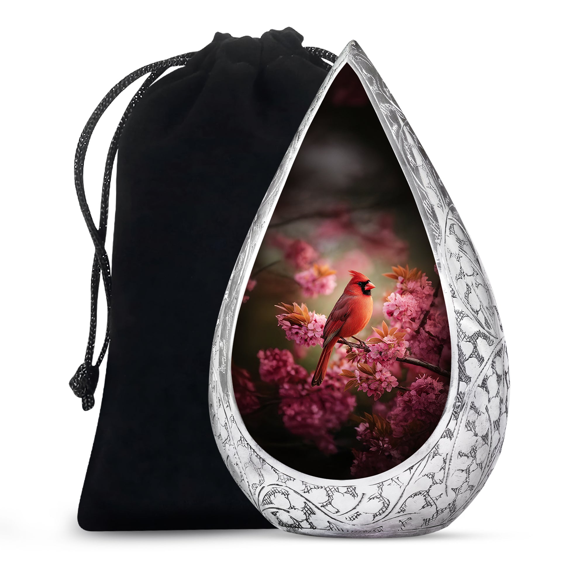 Pink Floral Cardinal Cremation Urn - Decorative Memorial Urn For Burial