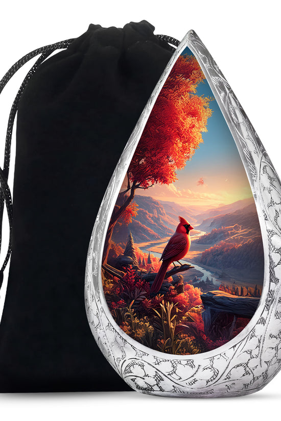 Beautiful Red Cardinal Bird Memorial Urn - Beautiful Scenic Mountain Funeral Urn For Ashes