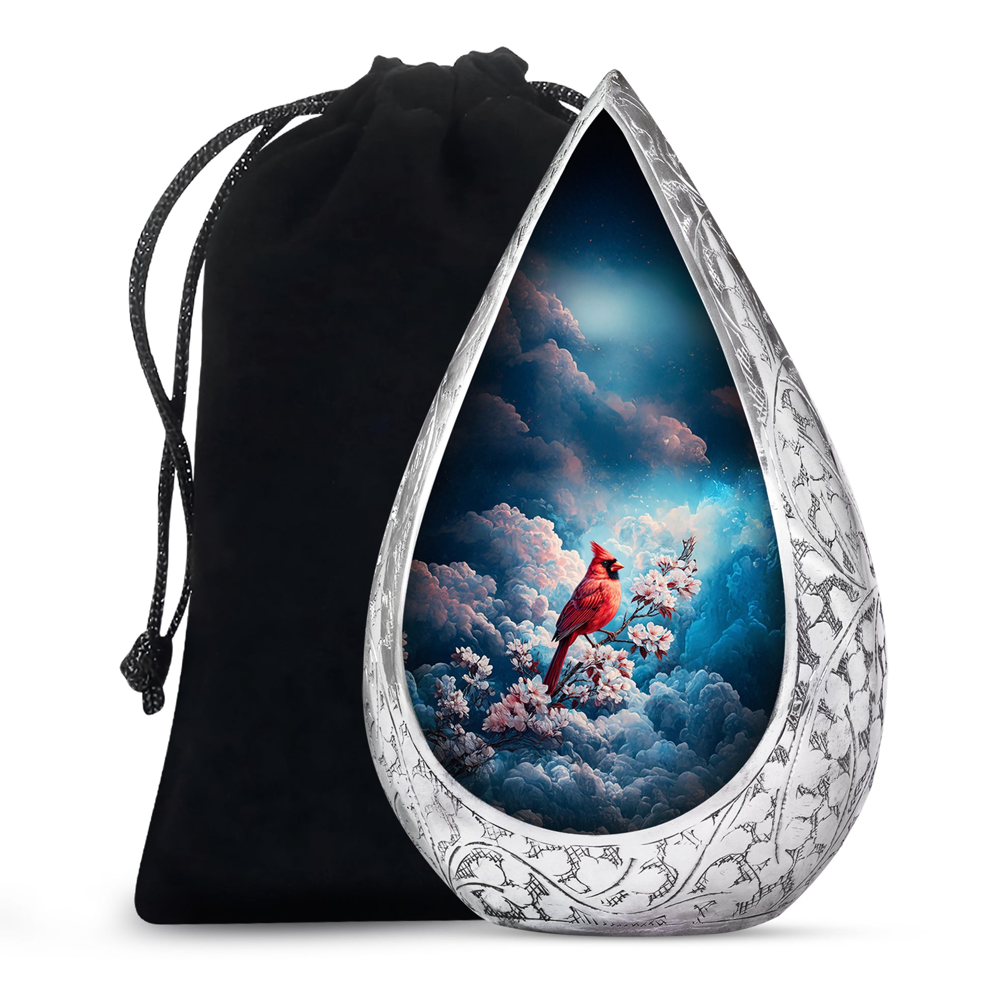 Red Cardinal Bird Cremation Urn - Beautiful Cherry Blossom Funeral Urn For Burial