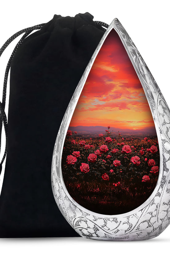 Red Rose Field Cremation Urn - Sunset Funeral Urn For Human Ashes
