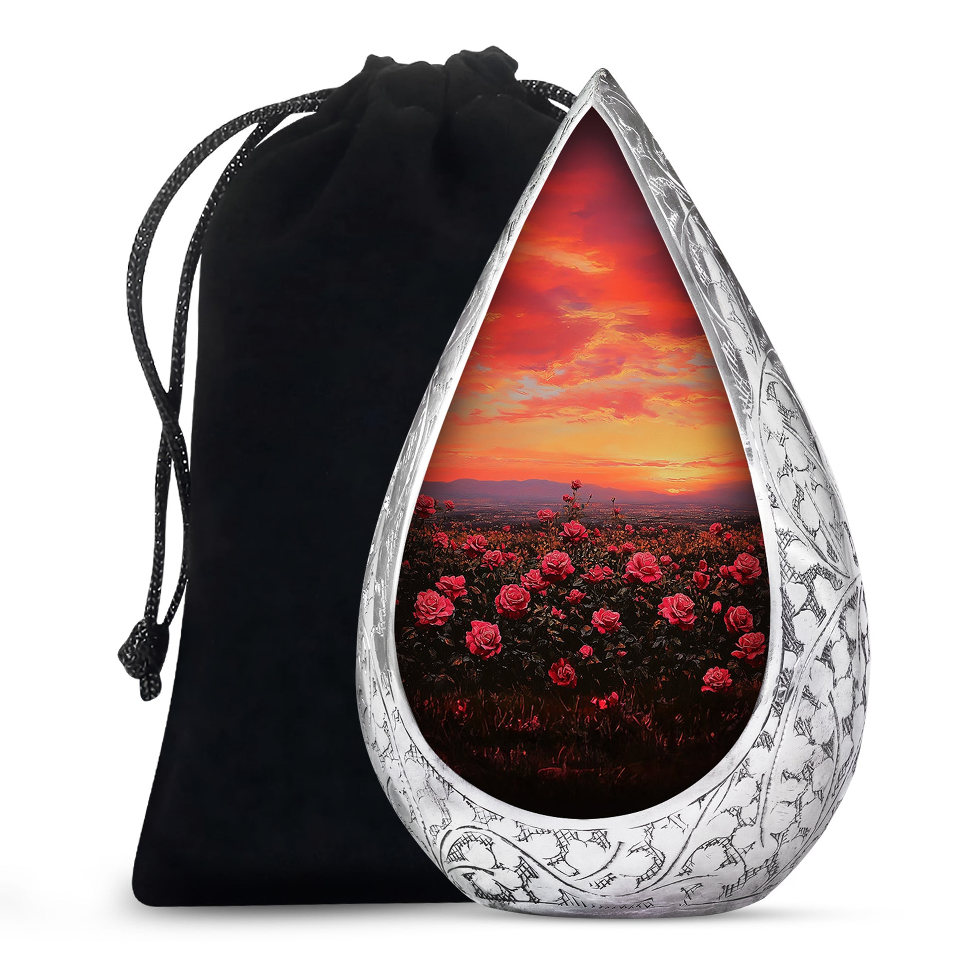 Red Rose Field Cremation Urn - Sunset Funeral Urn For Human Ashes
