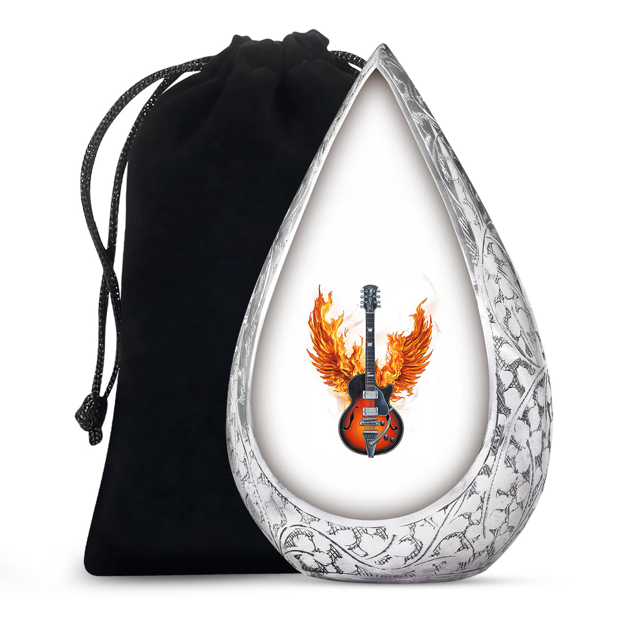 White flaming Guitar Urn - Beautiful Cremation Urns For Human Ashes