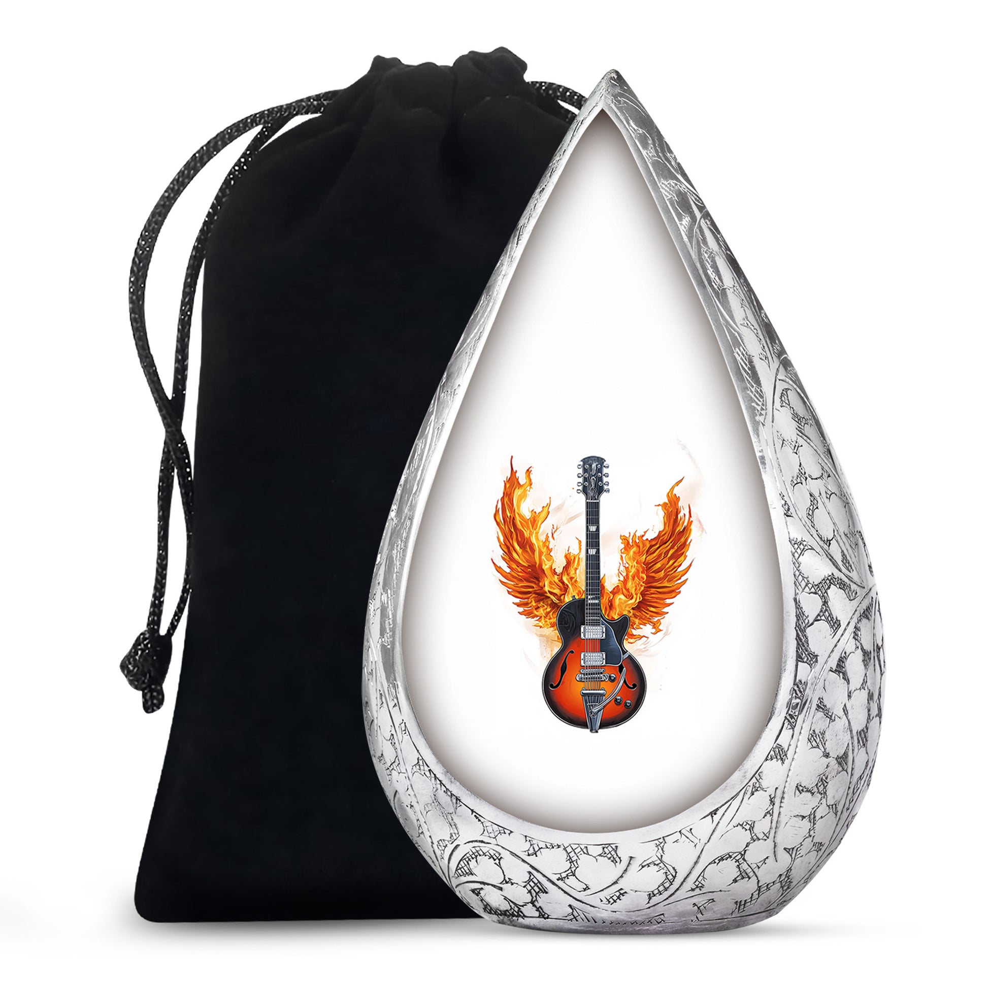 White flaming Guitar Urn - Beautiful Cremation Urns For Human Ashes