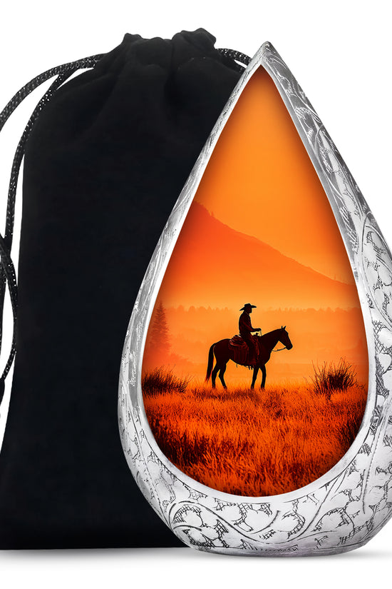 Sunset Cowboy Silhouette Urn - Orange Memorial Urn For Human Ashes