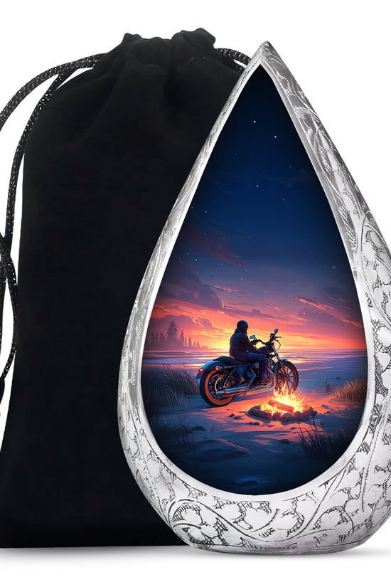 Sunset Motorcycle Rider Cremation Urn - Bonfire Funeral Urn For Loved Ones