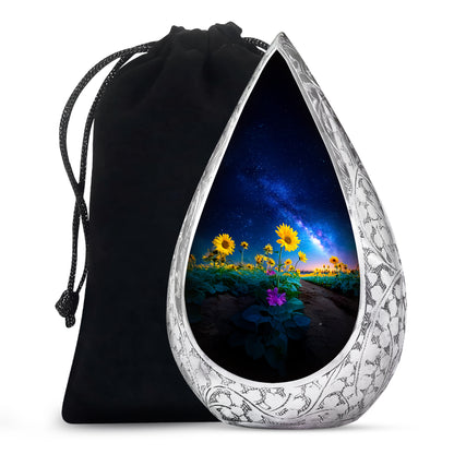 Floral Sunflower Memorial Urn - Night Sky Cremation Urn For Human Ashes