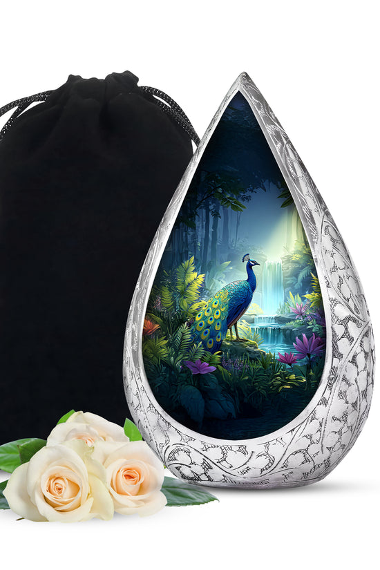Blue Peacock Cremation Urn - Forest Waterfall Funeral Urn For Adult Ashes