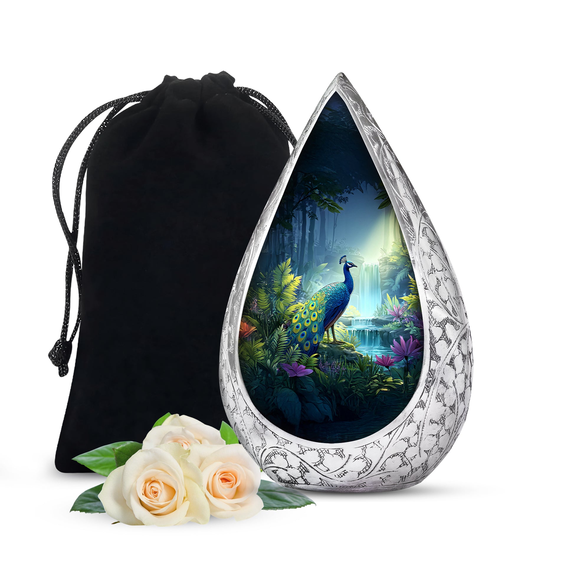 Blue Peacock Cremation Urn - Forest Waterfall Funeral Urn For Adult Ashes