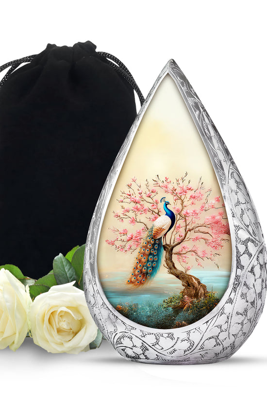 Elegant Peacock Floral Urn - Cherry Blossom Cremation Urn For Loved Ones