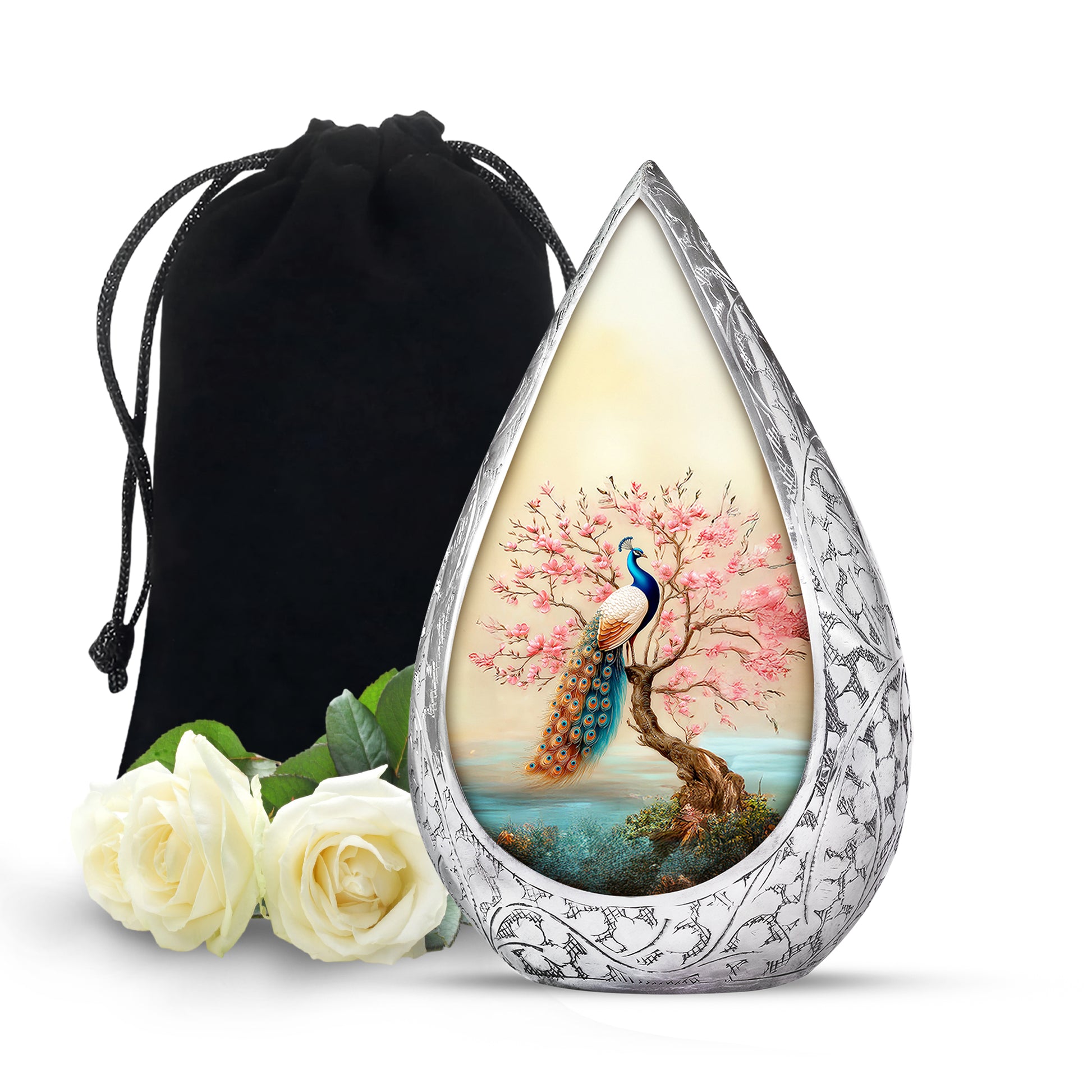 Elegant Peacock Floral Urn - Cherry Blossom Cremation Urn For Loved Ones