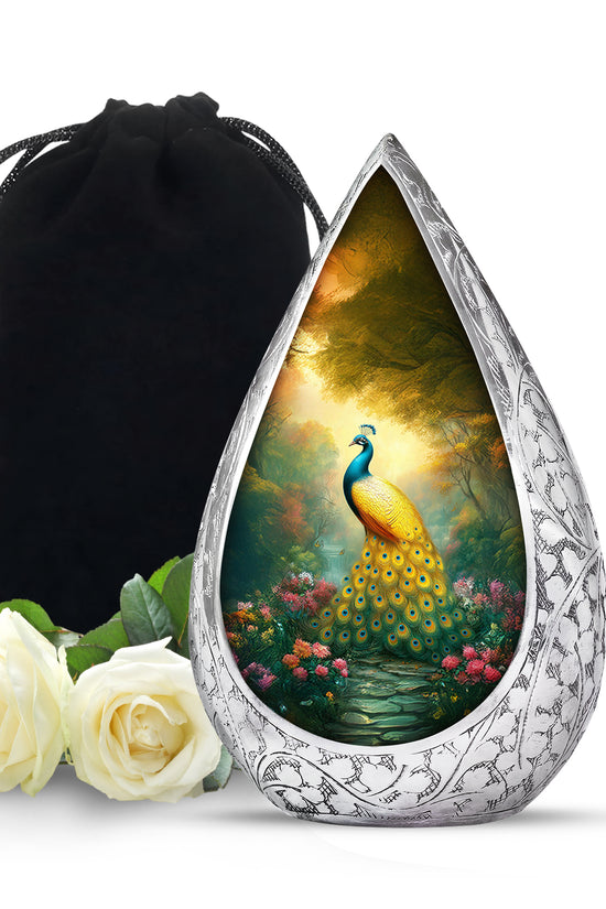 Golden Peacock Memorial Urn - Peaceful Nature Funeral Urn For Burial