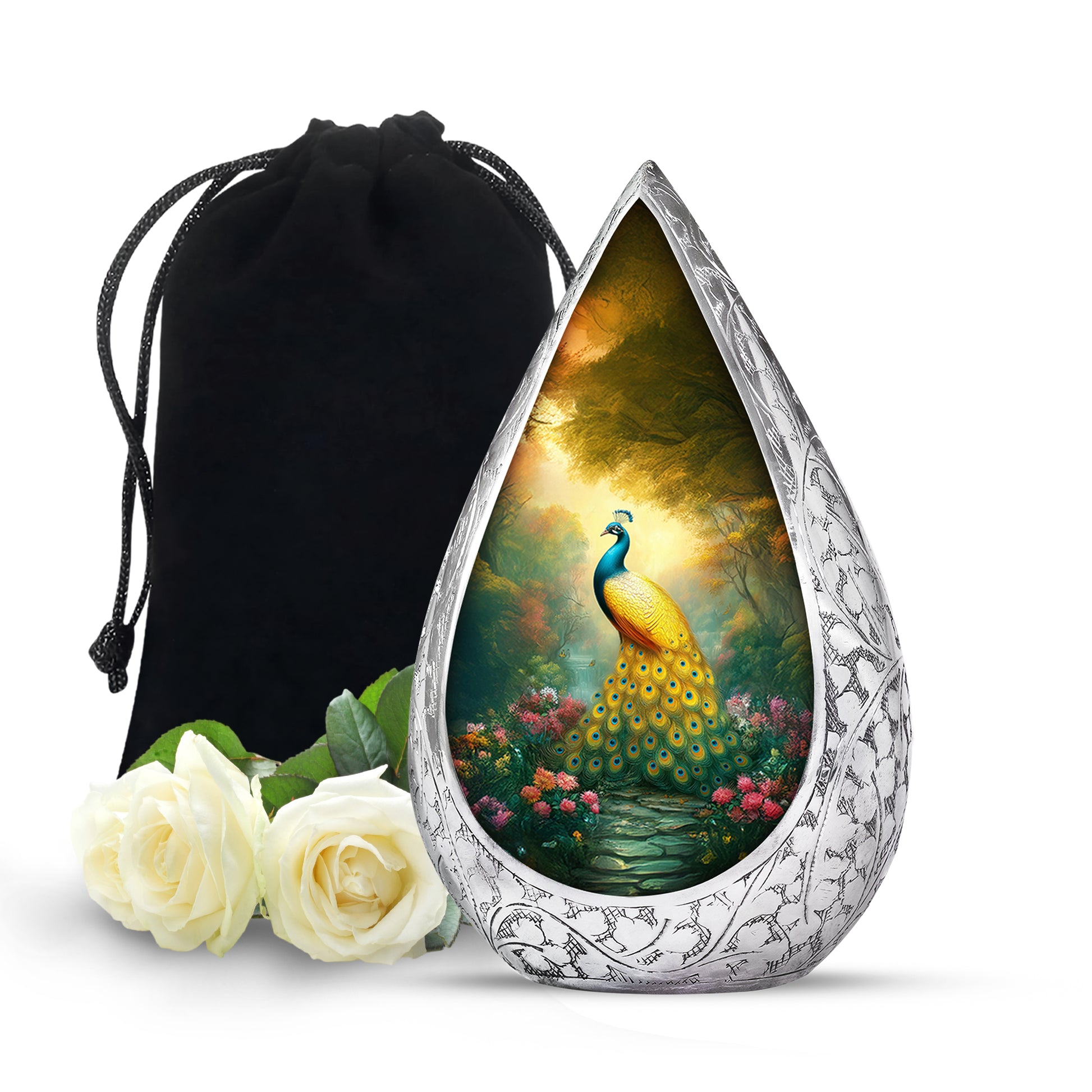 Golden Peacock Memorial Urn - Peaceful Nature Funeral Urn For Burial