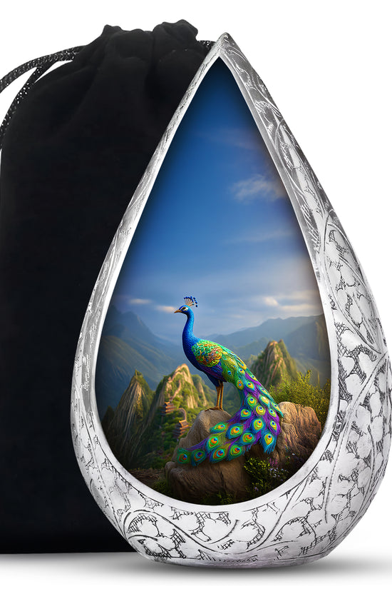 Blue Peacock Cremation Urn - Scenic Memorial Urn For Human Ashes