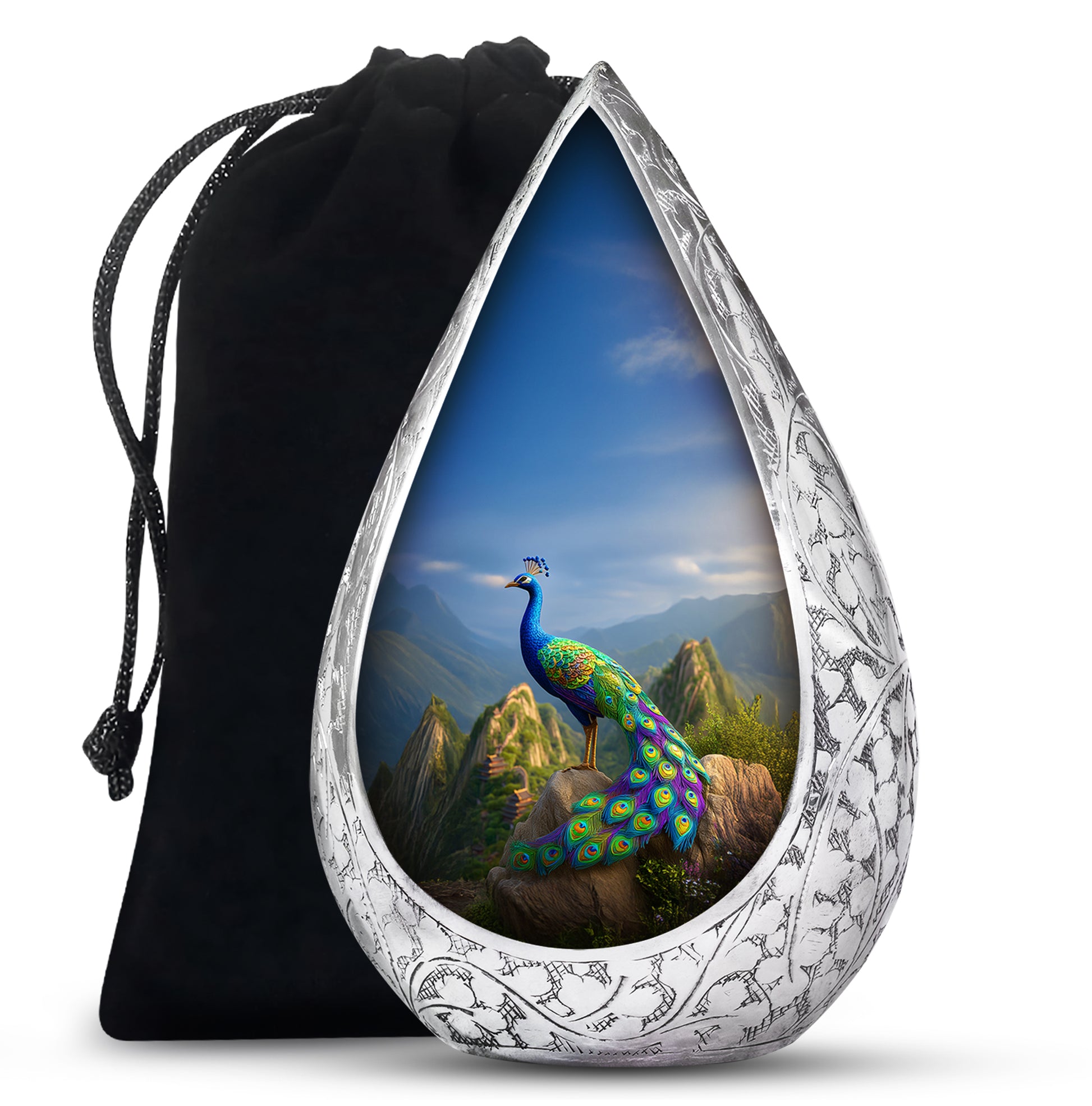 Blue Peacock Cremation Urn - Scenic Memorial Urn For Human Ashes